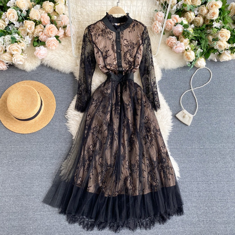 Aibeautyer New Spring Autumn Vintage Lace Hollow Out Dress A Line O Neck Floral Print High Waist Mid Calf Women Dresses