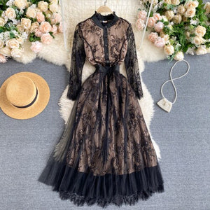 Open image in slideshow, Aibeautyer New Spring Autumn Vintage Lace Hollow Out Dress A Line O Neck Floral Print High Waist Mid Calf Women Dresses
