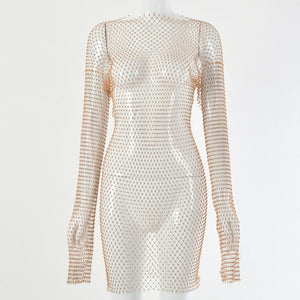 Open image in slideshow, DIRTYLILY New Crystal Diamond Sexy Bodycon Dress Women Hollow Out Long Sleeve Mini Dress 2020 Summer  See Through Party Dress

