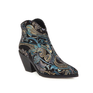 Open image in slideshow, Classic Embroidered PU Leather Cowboy Ankle Boots for Women Wedge High Heel Boots Snake Print Western Cowgirl Boots 2019 Autumn
