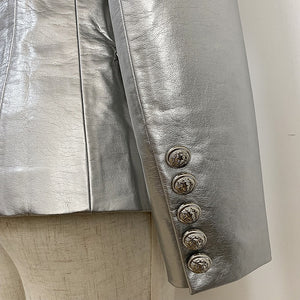HIGH STREET Newest 2022 Designer Stylish Runway Women's Fashion Lion Buttons Silver Leather Blazer Jacket