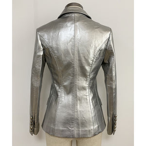 HIGH STREET Newest 2022 Designer Stylish Runway Women's Fashion Lion Buttons Silver Leather Blazer Jacket