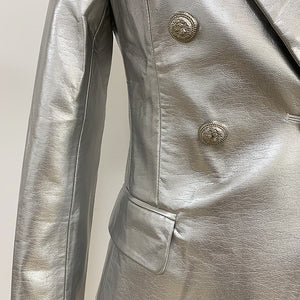 HIGH STREET Newest 2022 Designer Stylish Runway Women's Fashion Lion Buttons Silver Leather Blazer Jacket