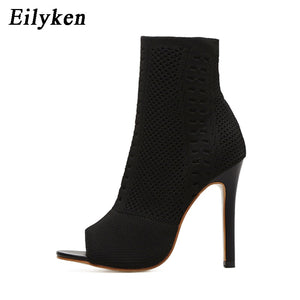 Open image in slideshow, Eilyken New Style Peep Toe Ankle Boots Stretch Women Fabric Out Breathable Booties Sexy Dance Pole Ladies Pumps Shoes
