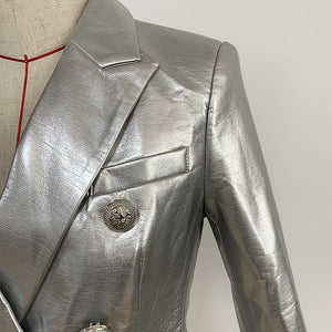HIGH STREET Newest 2022 Designer Stylish Runway Women's Fashion Lion Buttons Silver Leather Blazer Jacket