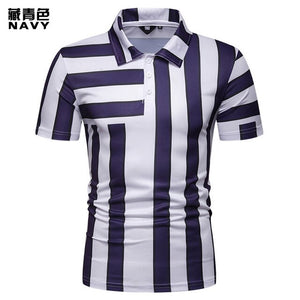 Open image in slideshow, Polos Europe Size New Brand Men&#39;s Solid Long Sleeve Polo Shirt Summer Short Sleeve Striped Shirt Casual Printing Tops Jeans Blue
