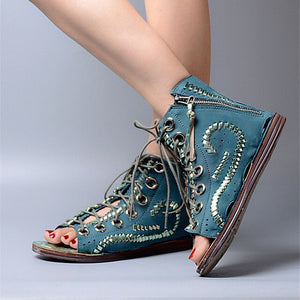 Open image in slideshow, 2020 New Peep Toe Women Summer Boots Lace Up Flat Gladiator Sandals
