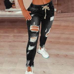Open image in slideshow, Drawstring Denim Jeans For Women Ripped Hole Stretch Jean Ladies Plus Size Full Length Pencil Pants
