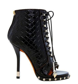 Open image in slideshow, New Popular Design Open Toe Pattern Leather Lace-up Ankle High Heel
